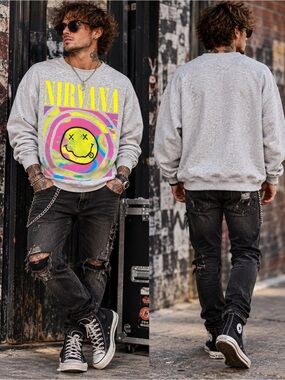 Divided Light Gray Crewneck with Yellow & Pink Nirvana Graphic